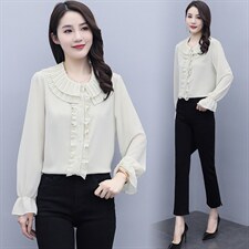 2021春季新款简约优雅气质娃娃领舒适气质小衫，女装蕾丝衫/雪纺衫，婷思杰（原婷想服饰）