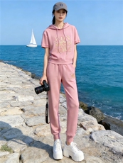 时尚减龄休闲套装女夏季新款粉色连帽短袖卫衣休闲束脚长裤两件套，女装套装/套裙，江南