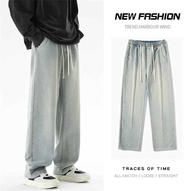港风做旧高街直筒牛仔裤男士宽松休闲韩版潮流休闲阔腿长裤子P50，男装牛仔裤，星座205-1