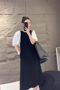 夏季新款欧货洋气拼接泡泡袖连衣裙图片