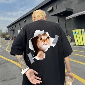 蜘蛛精穿搭t恤男夏季美式复古潮牌猫咪印花短袖情侣七分半袖体恤图片