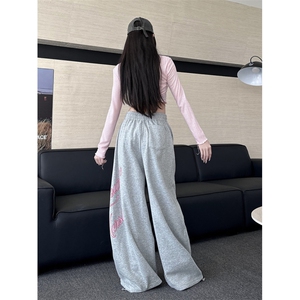 港风秋款男女卫裤字母印花五角星烫钻阔腿宽松休闲长裤h8054 P53图片