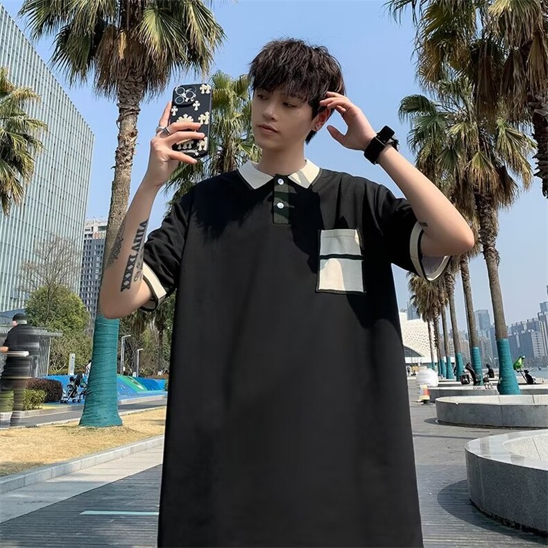潮潮流POLO衫男2023夏季时尚纯色日系简约五分袖新款WB042-P30,男装Polo衫,星座412-2