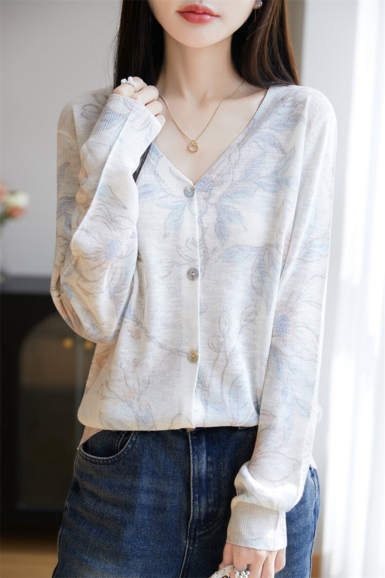 ns竹节麻印花长袖针织开衫女防晒衣2025新款空调衫外搭披肩上衣,针织衫/毛衣,暖烁特种纱工厂店