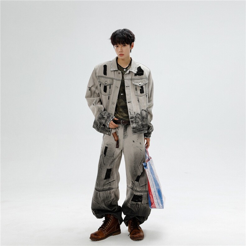 得物品质秋冬款男女牛仔套装扎染运动套装有垫肩TZ8225P140，男装休闲套装，星座1013-1