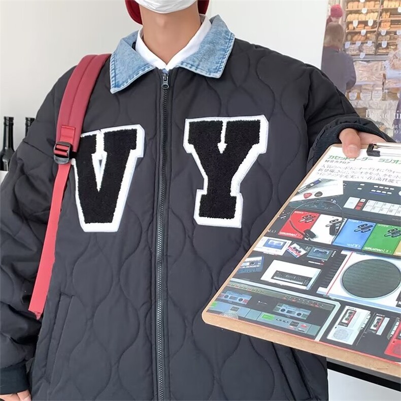 冬天新短款情侣潮牌潮流ins设计感拼接棒球服衬衫领棉袄外套男女图片