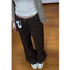 美拉德复古棕色碎花牛仔裤女秋冬季2026新款宽松直筒阔腿拖地裤子，男装牛仔裤，星座1210-1