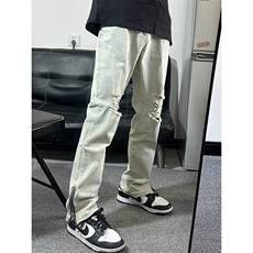 B221美式ins高街暗黑拉链小脚弹力破洞牛仔裤LK23060-P65控88，男装牛仔裤，电商B221