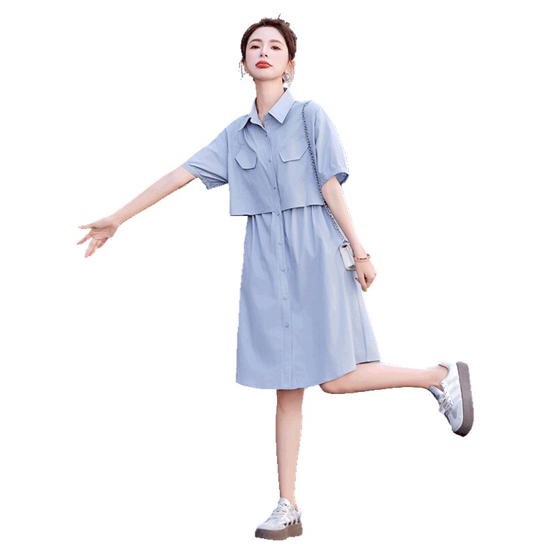 假两件绿色森系连衣裙女夏季2026新款小个子收腰高级感衬衫长裙子,女装连衣裙,红依一坊