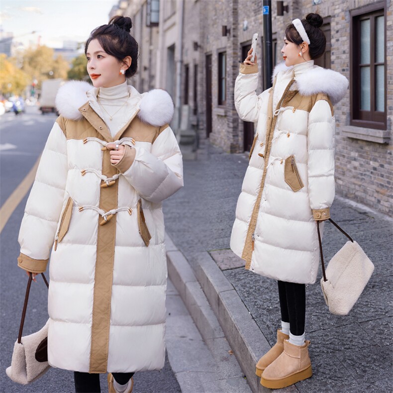 【bao款现货】2023新款冬装撞色拼接牛角扣羽绒服真狐狸毛白鸭绒，女装羽绒服，雅静靓衣