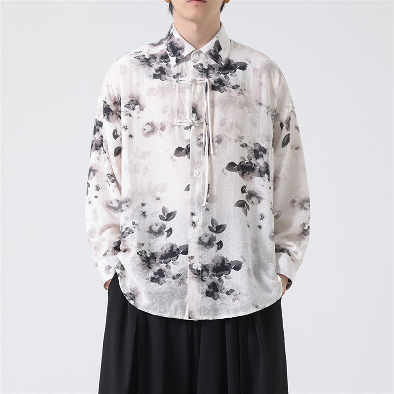 C8605P65无影墻高品质水墨印花盘扣新中式风唐装汉服衬衫,男装衬衫,电商A026