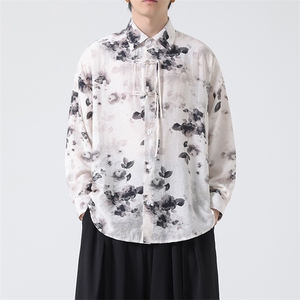 C8605P65无影墻高品质水墨印花盘扣新中式风唐装汉服衬衫