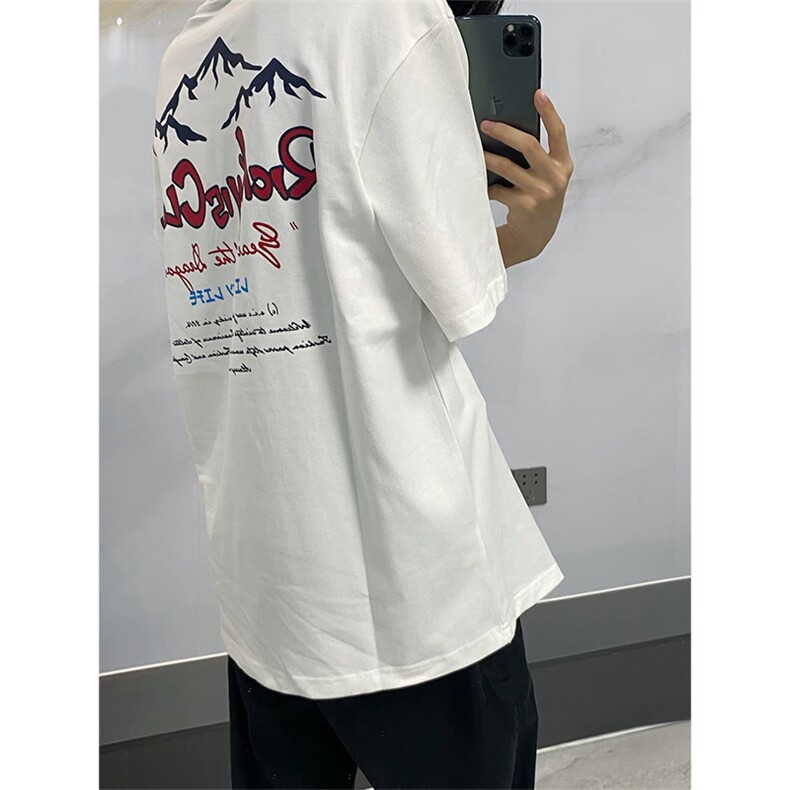 抖音得物210克现货宽松纯棉美式潮牌印花落肩袖纯棉T恤AT21109,男装T恤,电商A443