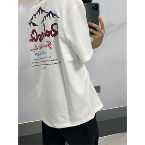 抖音得物 210克现货宽松纯棉美式潮牌印花落肩袖纯棉T恤AT21109图片