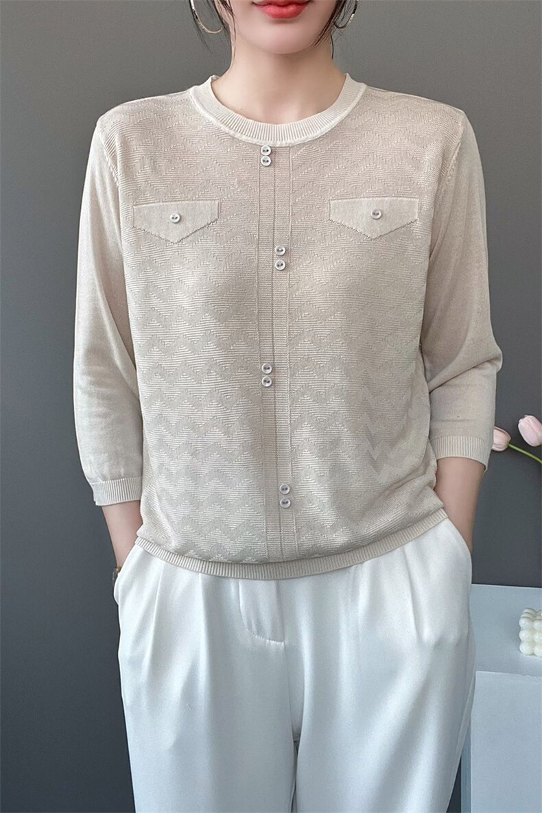 夏季新款时尚气质百搭简约女士假兜带扣天丝中袖,女装T恤,秋虹羊绒