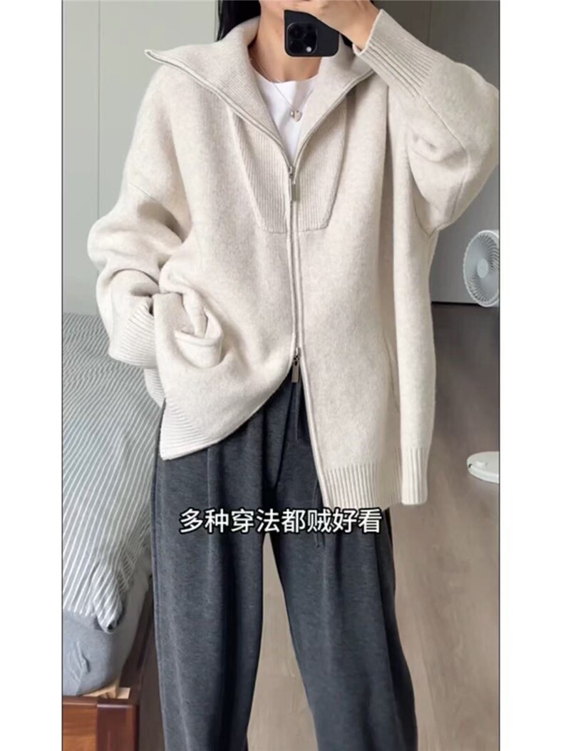2025年秋季针织常规开衫长袖单件时尚百搭双拉链开衫，女装针织衫/毛衣，半城羊绒