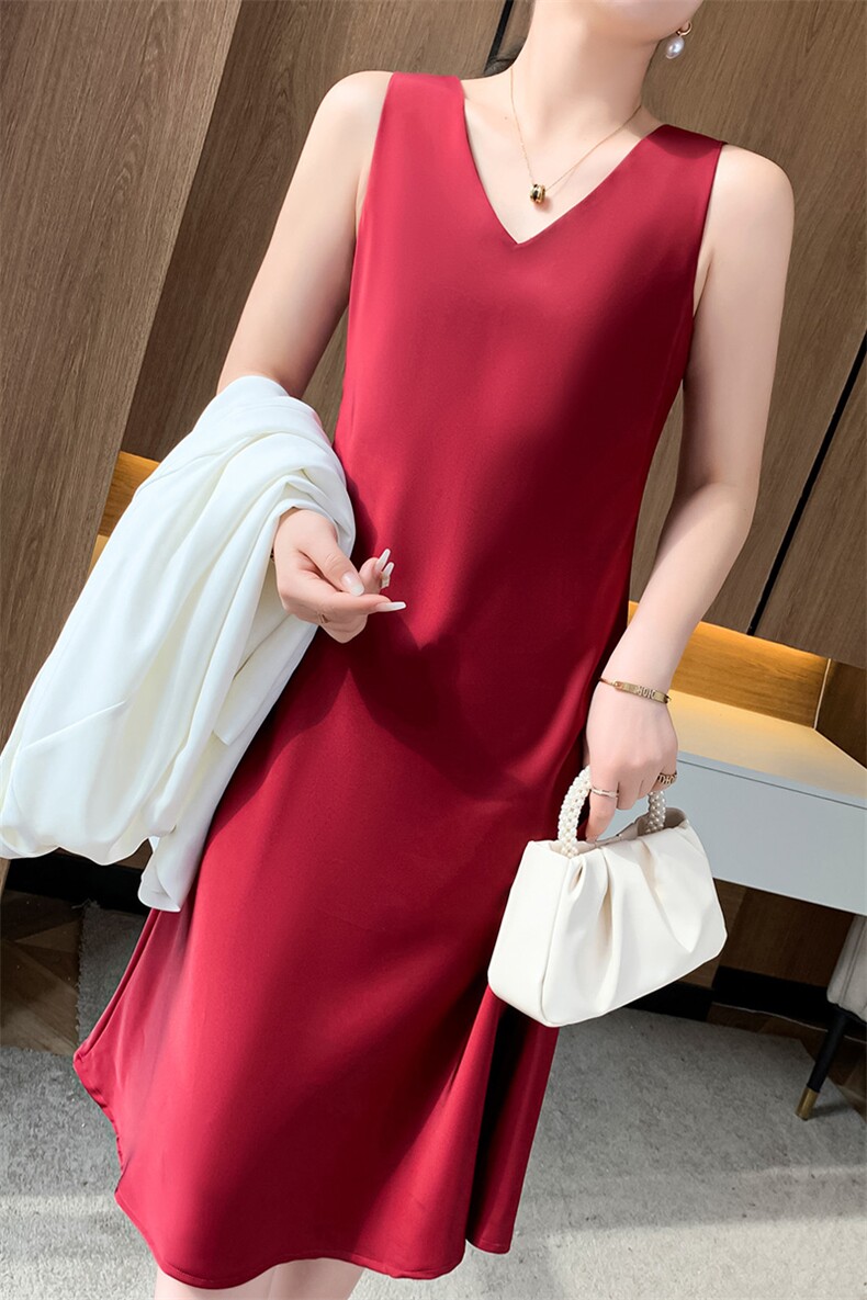 醋酸背心连衣裙女中长款夏季薄款缎面真丝配西装打底吊带裙高级感,女装连衣裙,朝贺羊绒