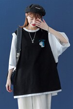中性2023夏季新款潮流印花圆领宽松假两件短袖T恤T507P35控48，男装T恤，A247A