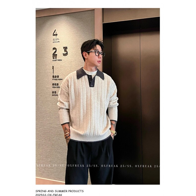 MM521-P60老钱风假两件撞色百搭POLO领针织毛衣,男装针织衫/毛衣,星座617A-2