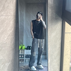 破洞牛仔裤男夏季薄款宽松直筒松紧腰裤子潮牌美式高街JX2227-P45，男装牛仔裤，星座1109-3