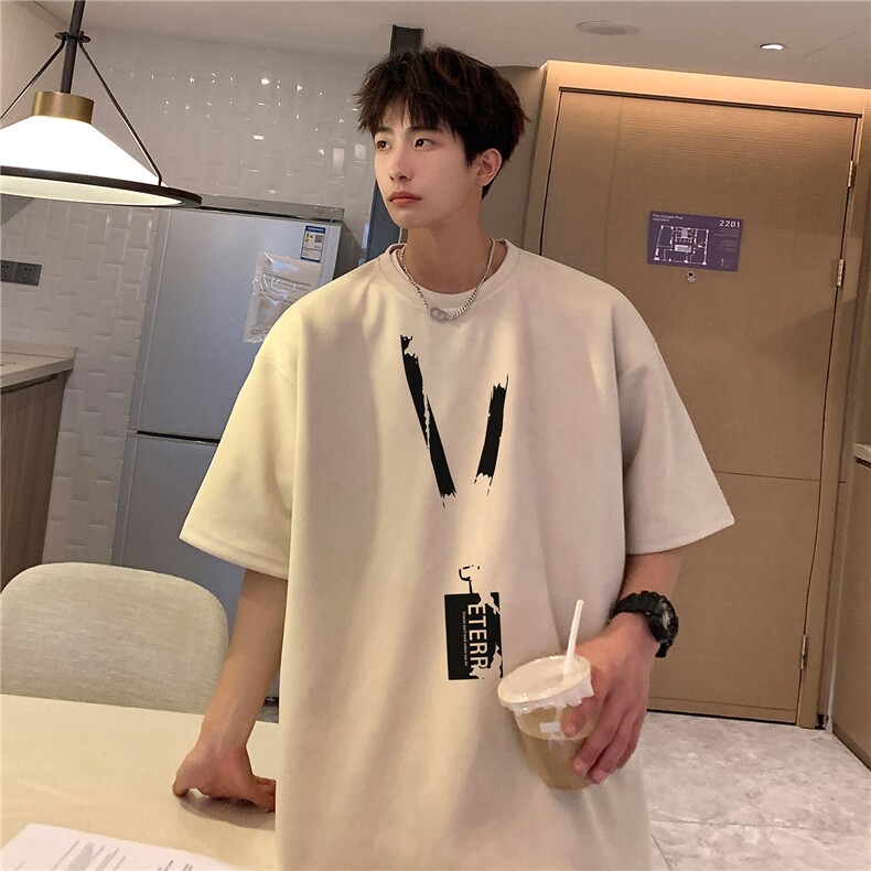 港风夏装麂皮绒情侣半袖上衣男装夏季大码休闲宽松短袖T恤S315P28图片