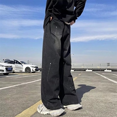 新款男士牛仔裤复古潮流牌美式运动高街痞帅直筒休闲长裤子，男装牛仔裤，星座410-7