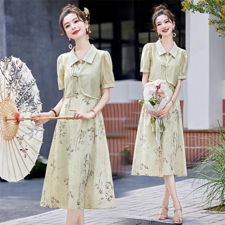 夏天新中式连衣裙女2025新款盘扣上衣吊带裙两件套改良旗袍连衣裙，女装套装/套裙，韩美纤衣