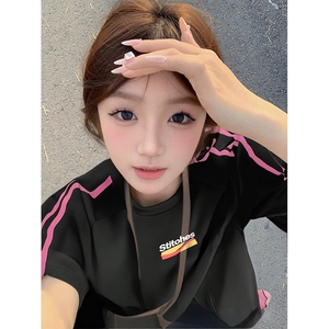 抖音得物品质二开240克宽松纯棉美式潮牌印花三条杠中性风短袖T恤图片
