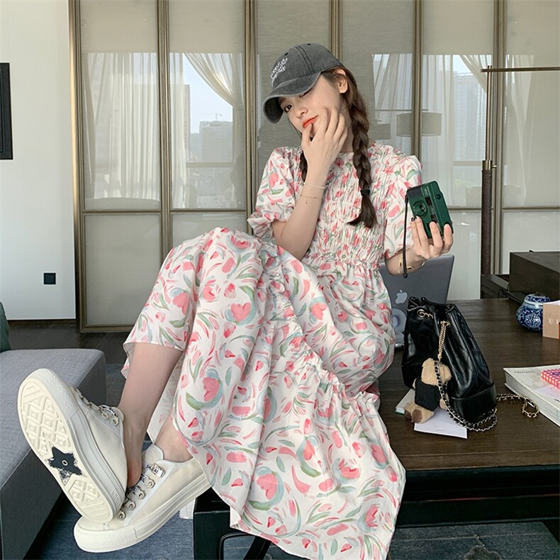 法式碎花连衣裙女夏季2025新款粉色小个子长裙高腰气质高级感裙子,女装连衣裙,2C133