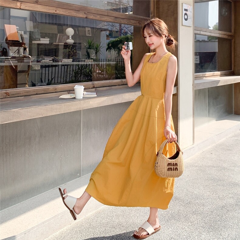 橘黄色无袖连衣裙女2025年夏季新款韩版小个子时尚减龄背心长裙子,女装连衣裙,2C206