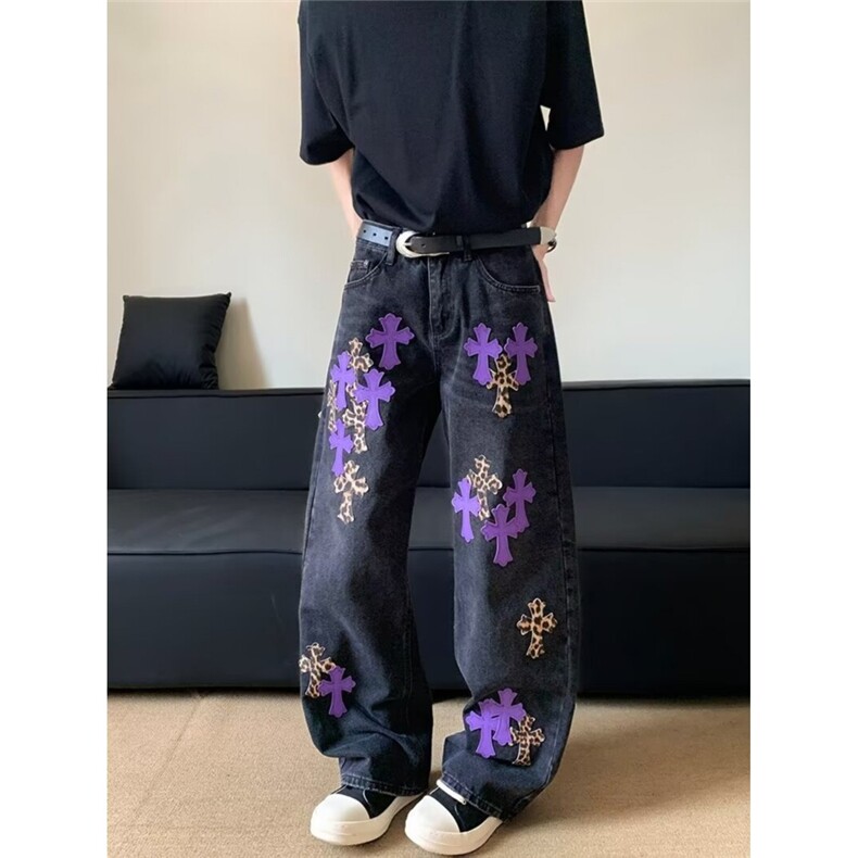 十字架撞色拼皮牛仔裤男女显瘦美式高级感直筒休闲裤AMM7021P66，男装皮裤，星座1013-5