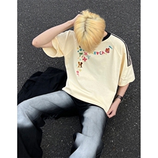 可48小时发货支持抖音得物来样二开重磅美式高街纯棉织带短袖T恤，男装T恤，电商A486