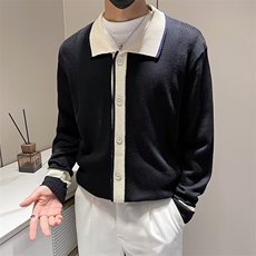 简约轻熟风翻领毛衣休闲开衫男痞帅青年拼色针织衫外套男S597，男装针织衫/毛衣，星座1116A-2（原606A-1）