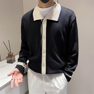 简约轻熟风翻领毛衣休闲开衫男痞帅青年拼色针织衫外套男 S597图片