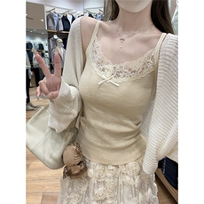 早秋韩版纯欲蕾丝边爱心提花6羊毛针织吊带内搭背心上衣，女装背心吊带，梦白服饰厂