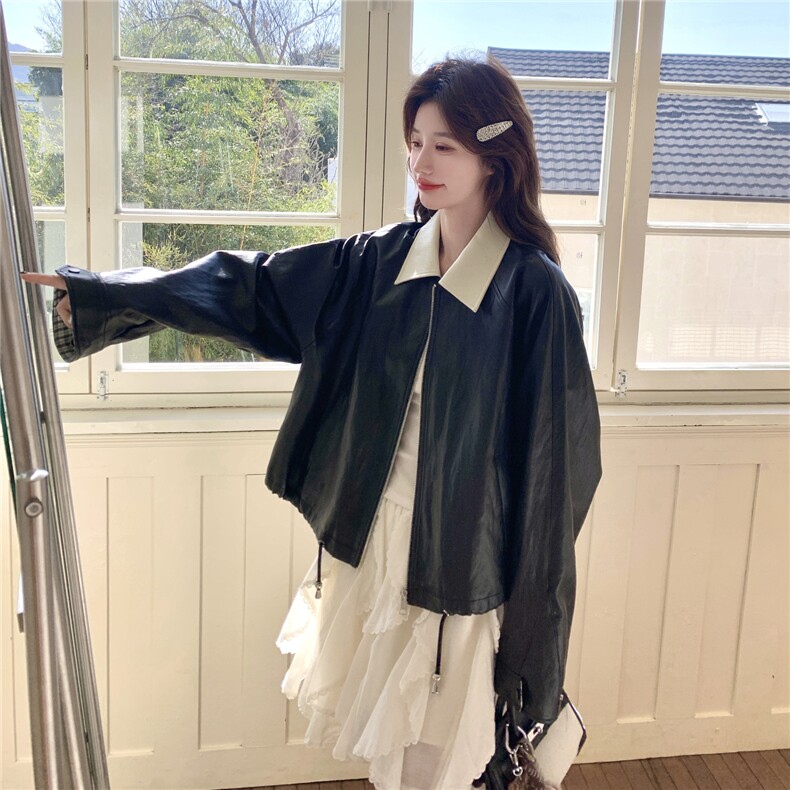 新款现货，拼接皮衣外套2C093-6692-P165-K268,女装短外套,2C093
