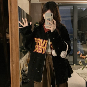 字母印花破洞底特律廓形夹克女2025年早春新款美式外套潮 C750-88图片