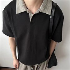 千鸟格拼接polo衫短袖男夏季老钱风复古正肩T恤cleanfit重磅半袖，男装T恤，星座715-4