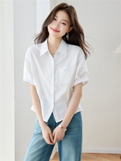 2026年夏季衬衫领休闲刺绣纯色薄款短袖全棉衬衫小衫，女装衬衫，简韵佳