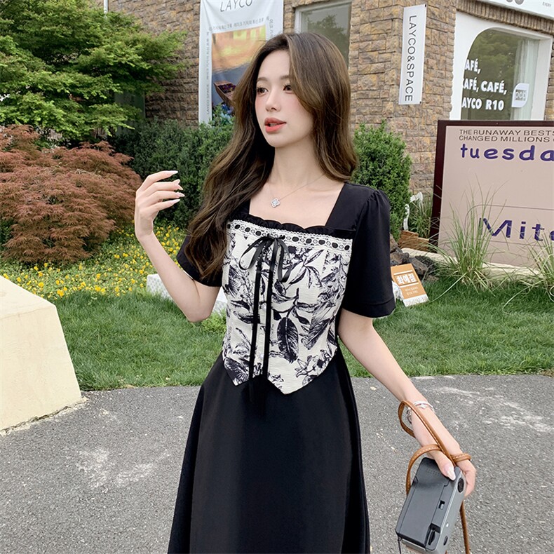 【现货】夏装新款时尚气质优雅显瘦系带水墨画拼色连衣裙,女装连衣裙,先锋丽姿
