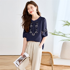 国风套装女贵夫人新款2025夏季刺绣高级感复古天丝棉麻短袖两件套，女装套装/套裙，多彩