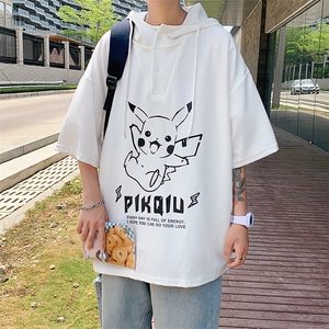 LD54078-P45 连帽短袖t恤男大码胖子带帽五分袖中袖图片