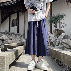 8XL-M新中式亚麻裤男七分裤阔腿裤垂感休闲短裤风棉麻K966P45，男装牛仔裤，电商D206-1