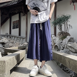 8XL-M新中式亚麻裤男七分裤阔腿裤垂感休闲短裤风棉麻K966P45图片