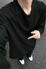 浅灰色华夫格长袖t恤男春秋美式复古亨利领体恤衫宽松休闲打底衫，男装T恤，电商A233-1