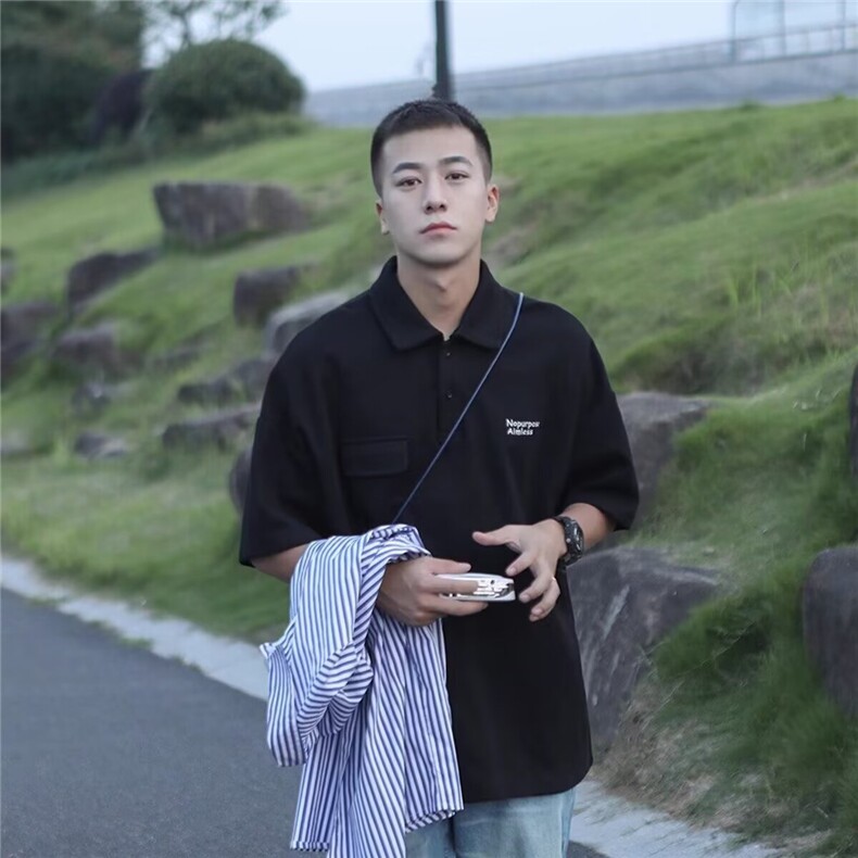 2025夏季新款短袖polo衫男夏季日系学院风t恤宽松男生半袖保罗衫，男装T恤，星座506A