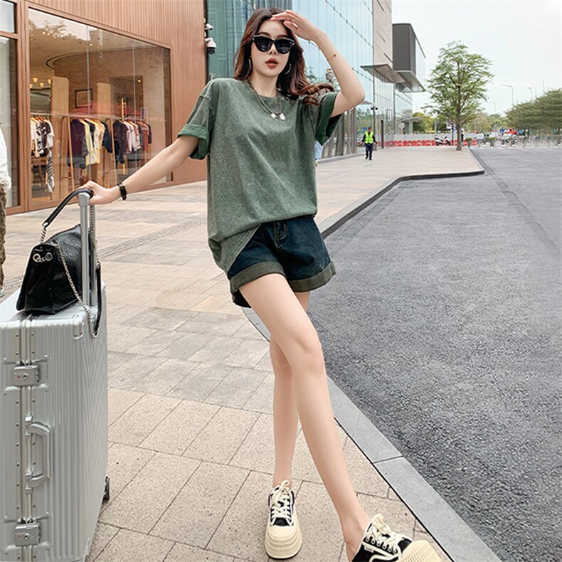 女夏季新款简约宽松圆领百搭纯色短袖T恤设计感时尚休闲运动上衣,女装T恤,江南