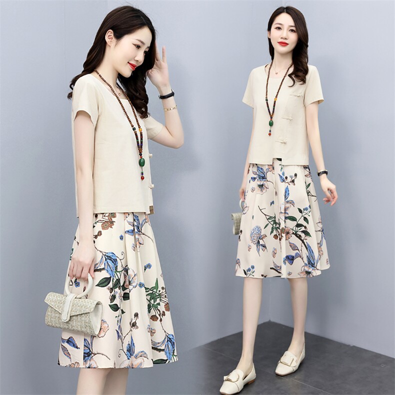 GJC6256配项链，棉麻文艺印花两件套套装裙，2025夏季新款女装,女装套装/套裙,关键词