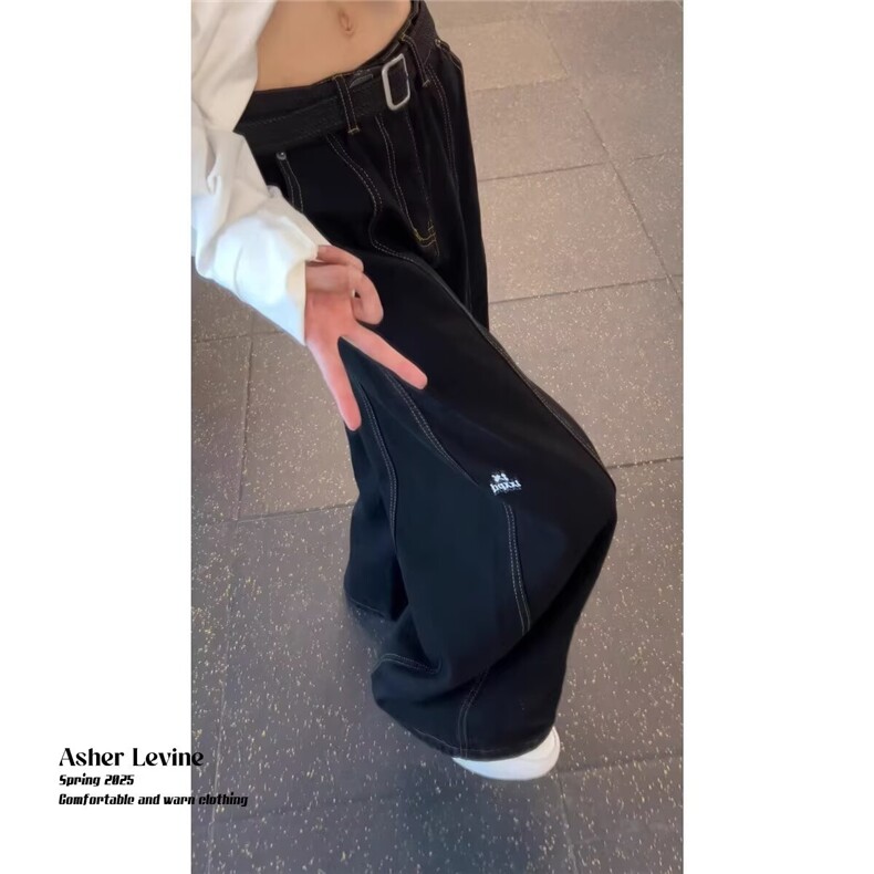 美式潮牌明线垂感牛仔裤男秋季新款复古阔腿裤高街百搭设计感长裤,男装牛仔裤,四季星座505