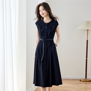 现货！藏青色中长款连衣裙女2026年夏季新款时尚气质优雅韩版裙子图片